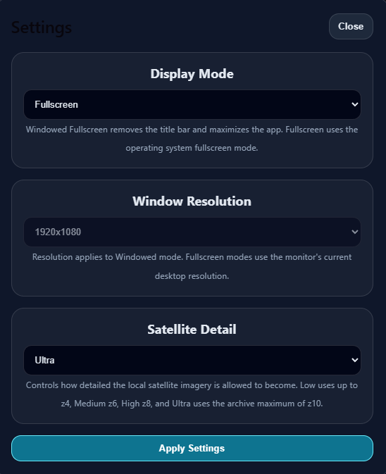 ImpactSim display and satellite quality settings