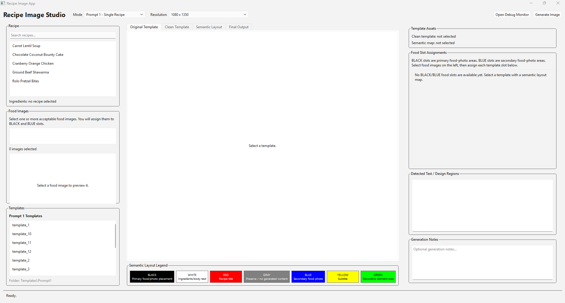 Main interface of the recipe graphics automation application
