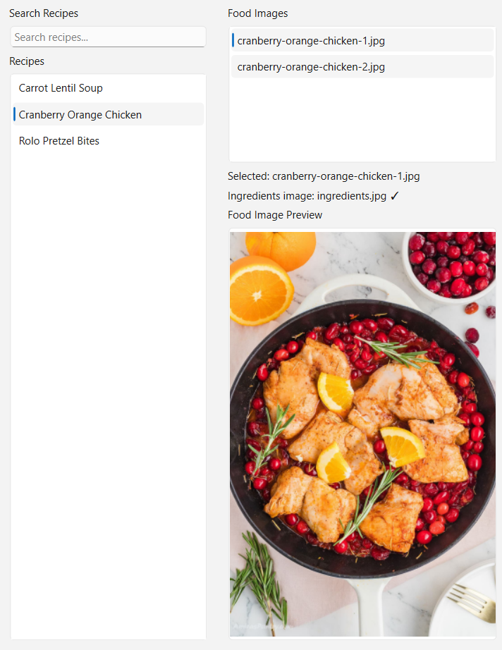 Food image preview inside the recipe automation application