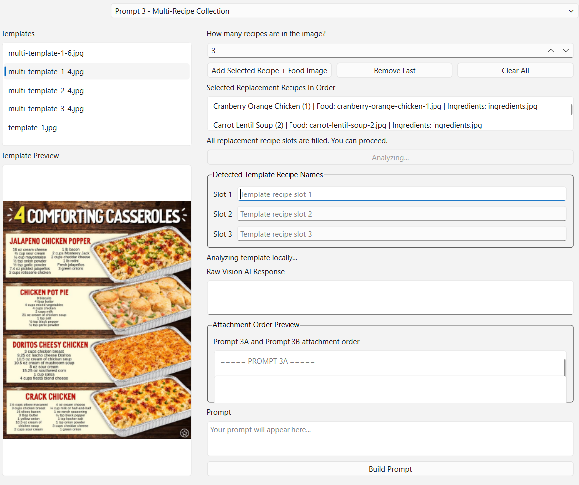 Multi-recipe selection interface with several ordered recipe slots