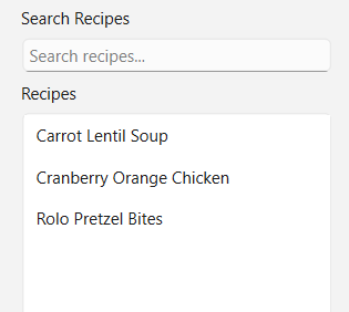 Recipe selection interface with search and recipe choices