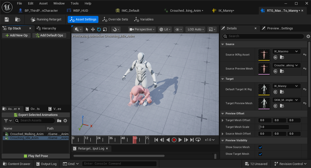 Animation retargeting and crouched movement testing for Thunder of Owari