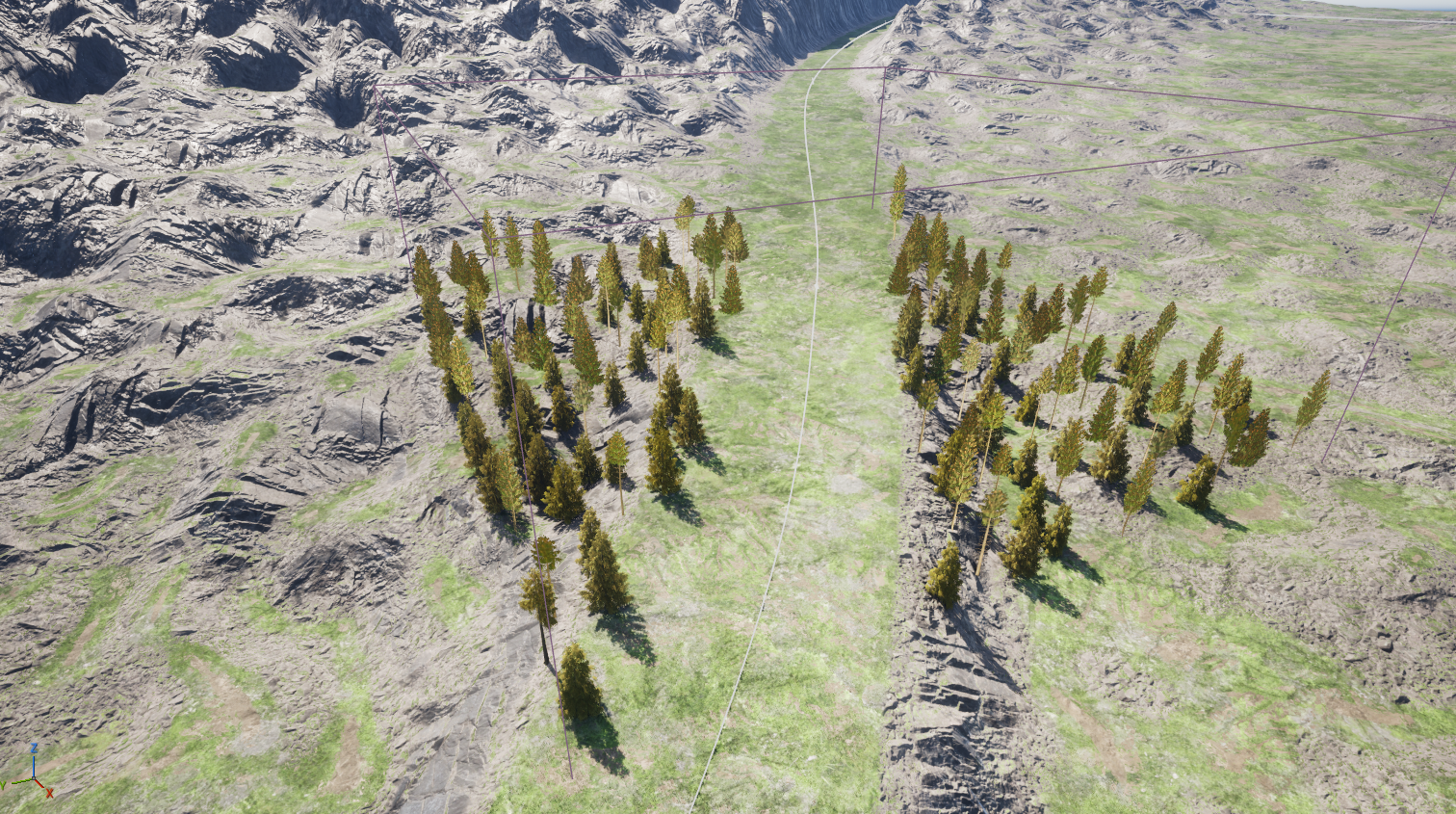 Procedural forest test with trees excluded from a road in Thunder of Owari